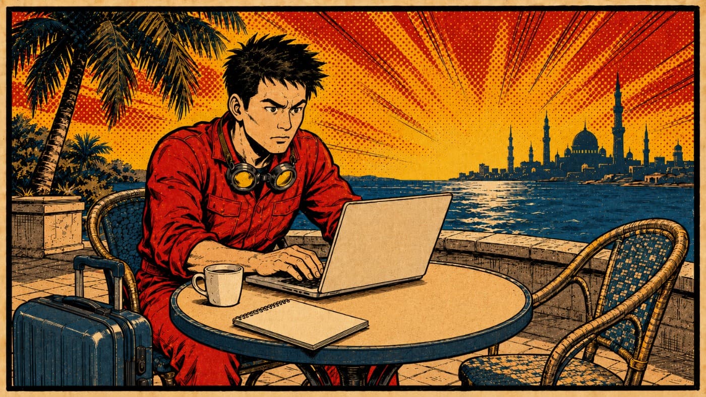 海辺のカフェでノートPCを開き、旅をしながら集客を回している様子