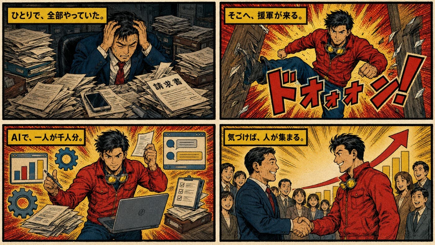 4コマ漫画：①ひとりで、全部やっていた。②そこへ、援軍が来る。③AIで、一人が千人分。④気づけば、人が集まる。