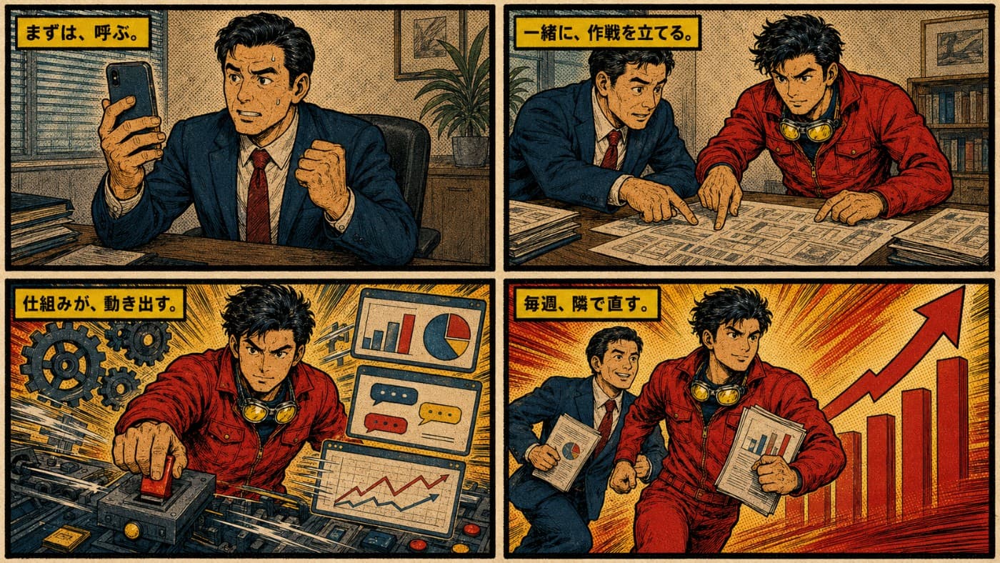 4コマ漫画:①まずは、呼ぶ。②一緒に、作戦を立てる。③仕組みが、動き出す。④毎週、隣で直す。